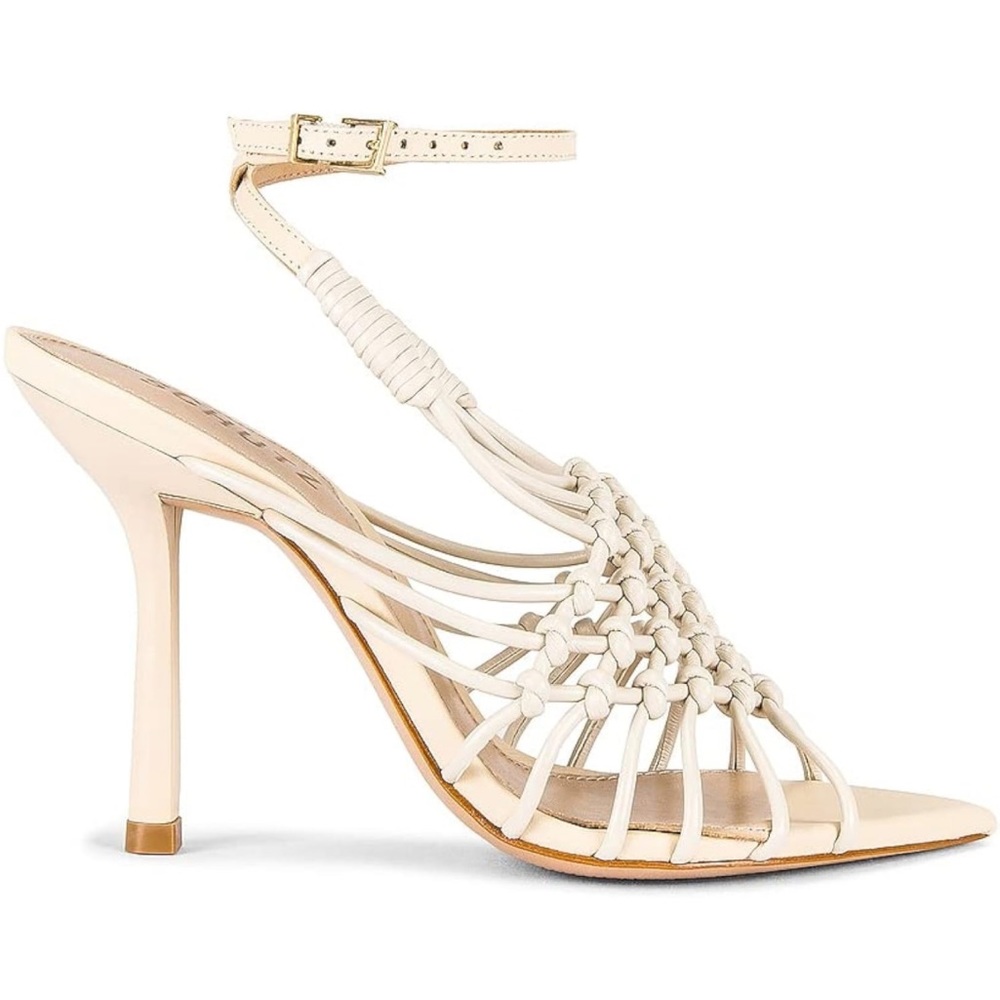 Schutz Tinah Egg Shell Woven Vamp Ankle Strap
Open Toe Stiletto Heel Sandals